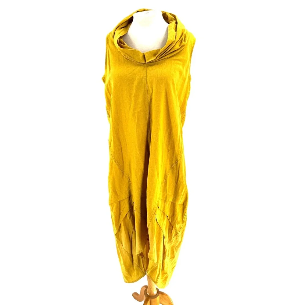 For Cynthia Linen Blend Cowl Neck Midi Dress Women's Medium Mustard Lagenlook - Picture 2 of 10